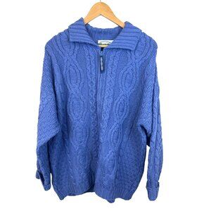 Aran Crafts XL Fisherman Sweater Full Zip Cardigan Merino Wool Blue Ireland